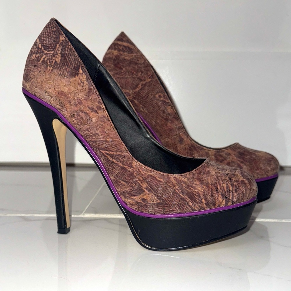 Striking Brown with Purple Piping Black Platform Stiletto Heels